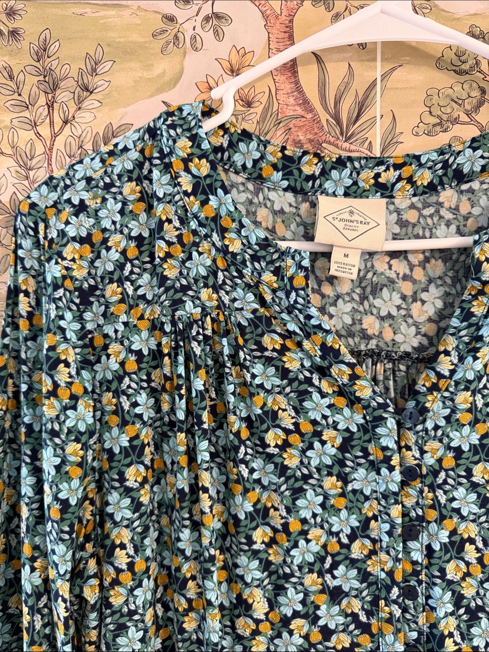 St. John's Bay Blue and Yellow Floral Button-Front Peasant Top - Picture 3 of 6